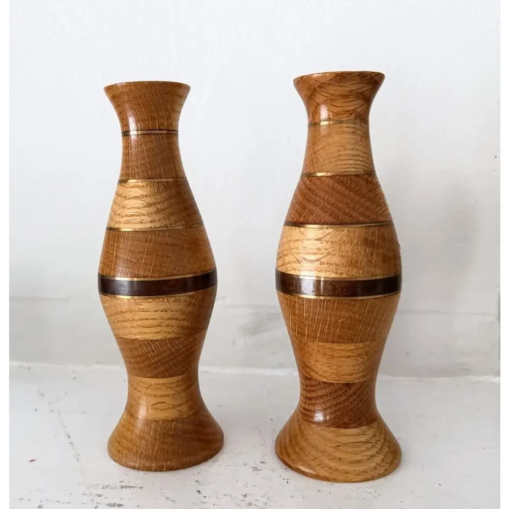 Turned Wood Brass Inlaid Vase Pair Segmented Bud Vases Signed Set 2